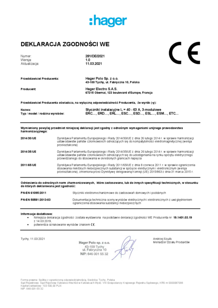 Zdjęcie Styczniki instalacyjne In = 40 - 63 A, 3-modułowe; ERC…, ERD…, ERL…, ESC…, ESD…, ESL…, ESM…, ETC… | Hager Polska