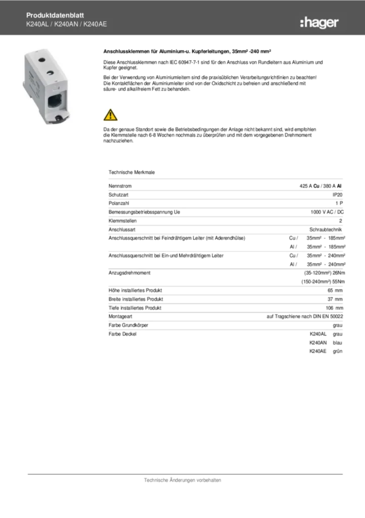 Bild Datenblatt K240A* | Hager Deutschland