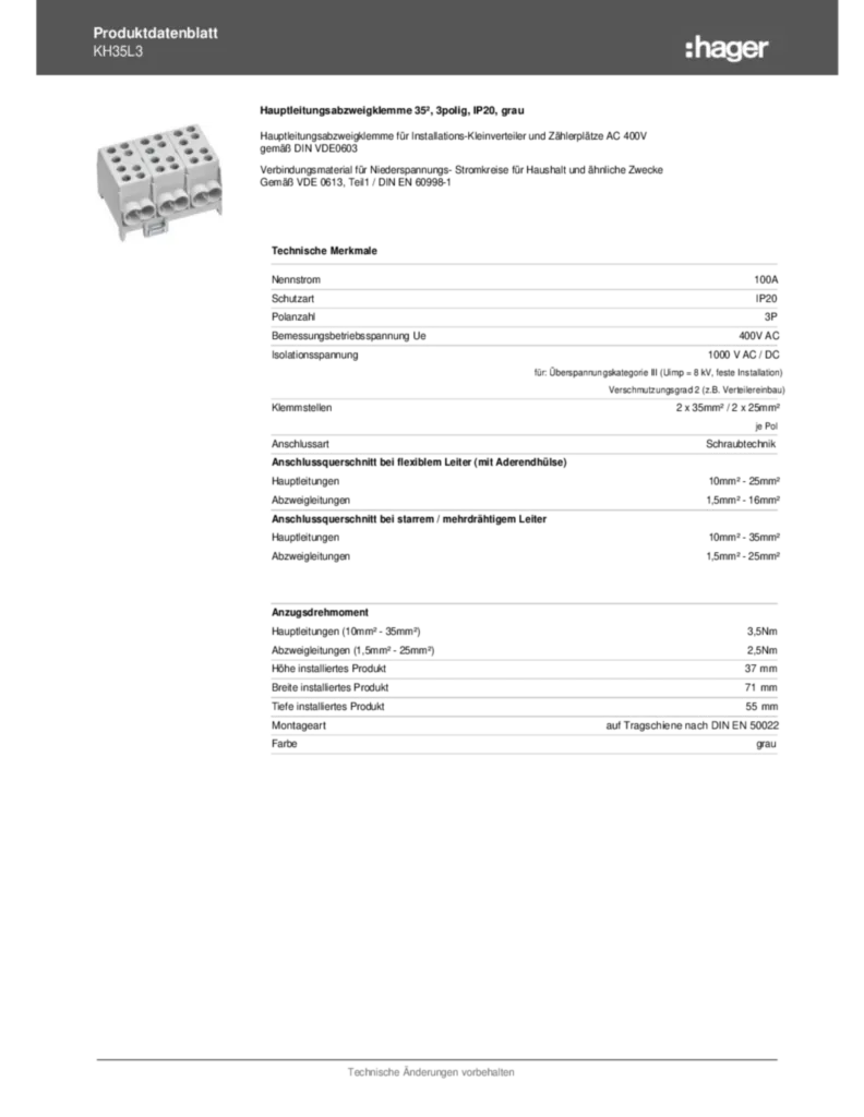 Bild Produktdatenblatt KH35L3 | Hager Deutschland