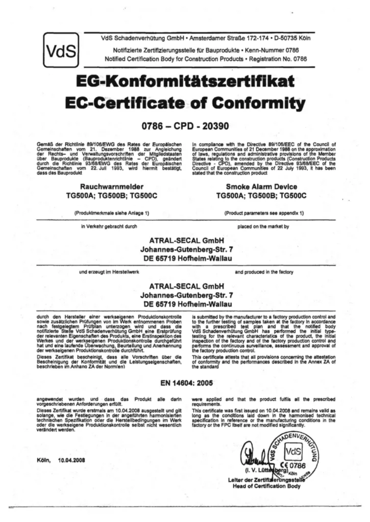 Bild EG-Konformitätszertifikat für TG500x - Rauchwarnmelder VdS, Drahtvernetzbar | Hager Deutschland