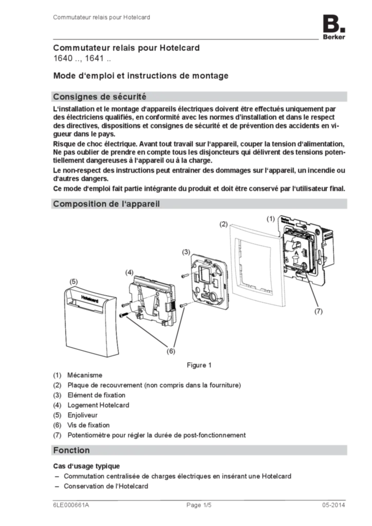 Image Notice d'instruction pour 1640xx-1641xx - Commutateur relais pour Hotelcard (FR 2014-05) | Hager Belgique