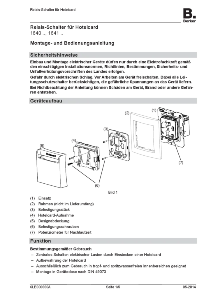 Bild Bedienungs- und Montageanleitung für 1640xx, 1641xx - Relais Schalter für Hotelcard (DE, Stand: 05.2014) | Hager Deutschland