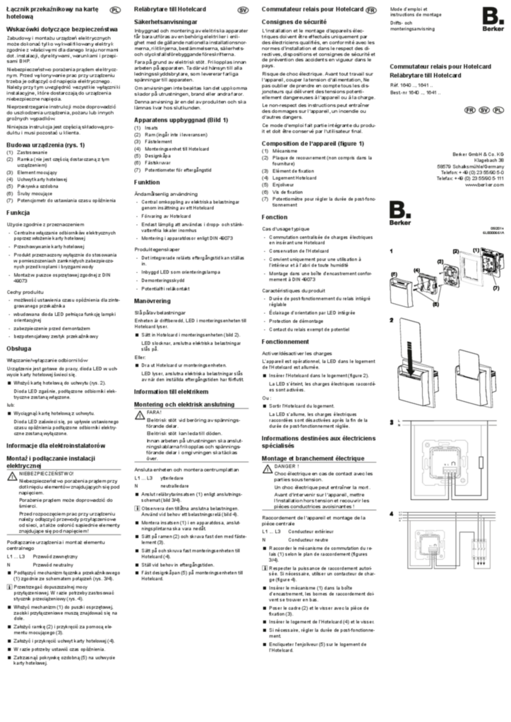 Image Notice d'instruction pour 1640xx-1641xx - Commutateur relais pour hotelcard (FR-SV-PL, 2014-05) | Hager Belgique