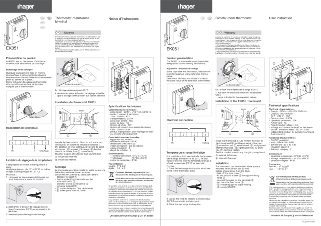 Bild Installationsanleitung für EK051 - Raumthermostat, Bi-Metall, mit Schliesser-Kontakt und Ein/Aus-Schalter (DE-SV-EN-FR, Stand: 09.2017) | Hager Deutschland