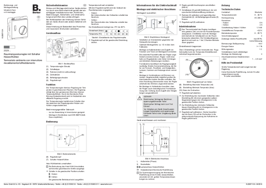 Bild Bedienungs- und Montageanleitung für Raumtemperaturregler mit Schalter Heizen/Kuehlen (DE-IT, Stand: 09.2019) | Hager Deutschland