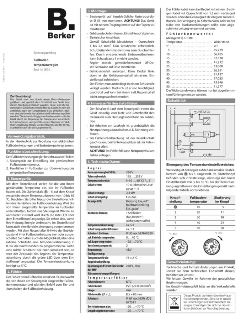Bild Bedienungs- und Montageanleitung für 2034xx - Temperaturregler, Schließer, mit Zentralstück, für Fußbodenheizung (DE, Stand: 08.2014) | Hager Deutschland