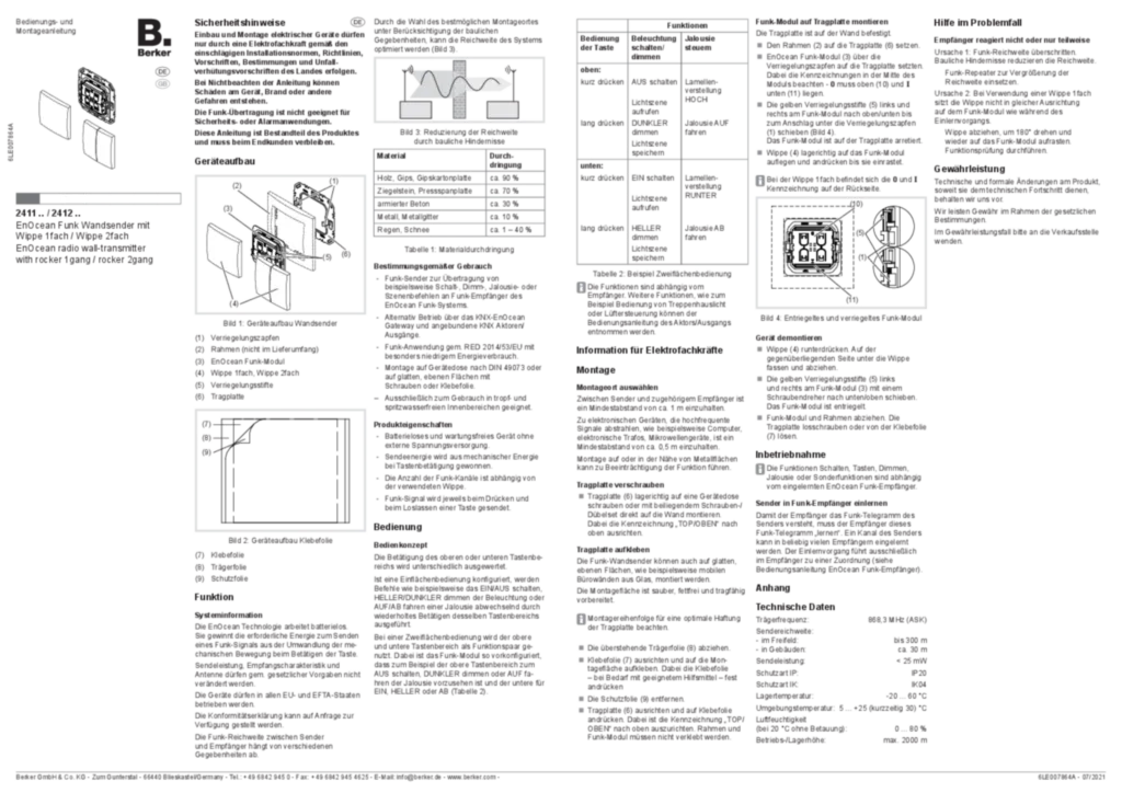 Bild Bedienungs- und Montageanleitung für 2411xx-2412xx - EnOcean Funk Wandsender mit Wippe 1fach/2fach (DE-EN, 2021-07) | Hager Deutschland