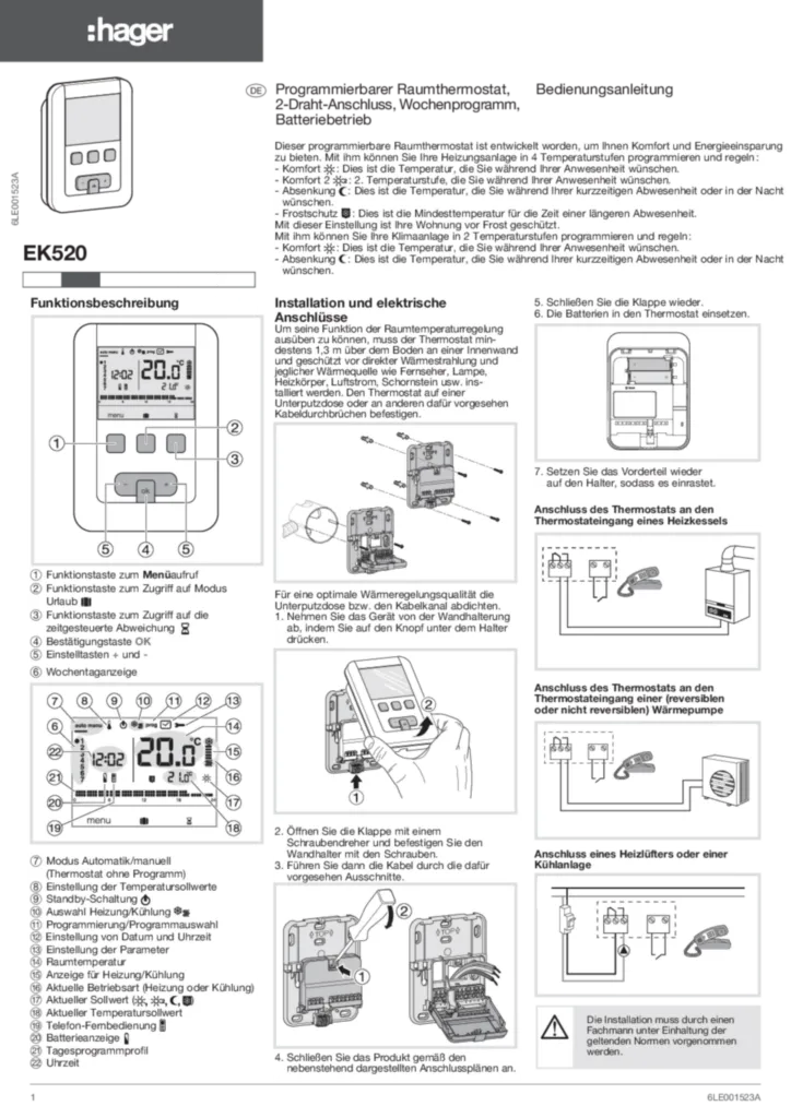 Bild Bedienungsanleitung für EK520 - Clock thermostat 2 wires 7 Days (DE, Stand: 08.2017) | Hager Deutschland