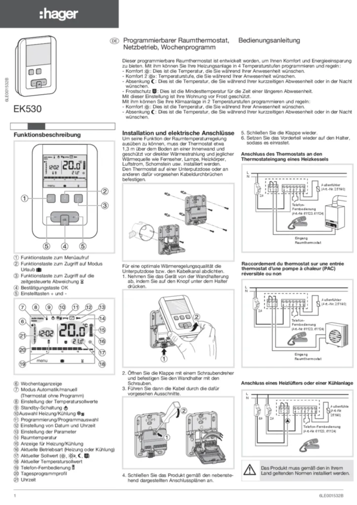 Bild Bedienungsanleitung für EK530 - Clock thermostat 230V 7 Days (DE, Stand: 08.2017) | Hager Deutschland