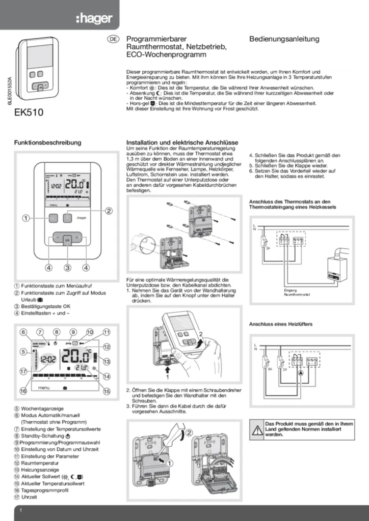 Bild Bedienungsanleitung für EK510 - Clock thermostat 230V 7 Days ECO (DE, Stand: 08.2015) | Hager Deutschland