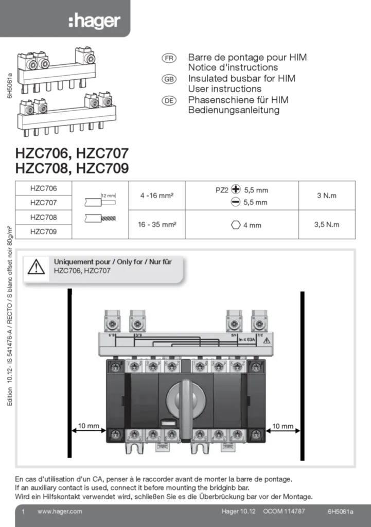 Bild Bedienungsanleitung für HZC706 - Verbindungsschiene + Sicherungselement 3-/4-polig (DE-EN-FR, Stand: 10.2012) | Hager Deutschland