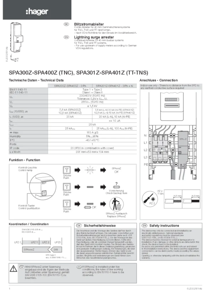 Bild Betriebsanleitung für SPA300Z, SPA400Z, ZB011D - Anschlussschrank, univers Z, Verbindungsmaterial, Kombiableiter 3-polig (DE-FI, EN-FR, Stand: 01.2017) | Hager Deutschland