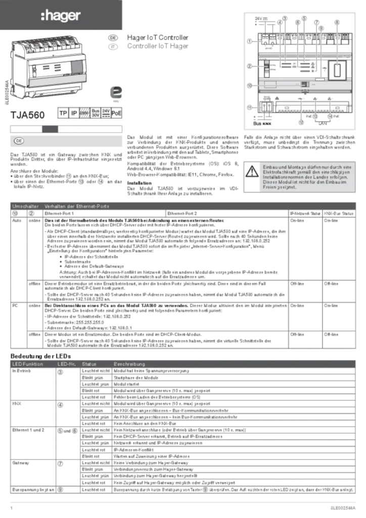 Bild Installationsanleitung für TJA560 - IoT Controller (DE-IT, Stand: 12.2016) | Hager Deutschland