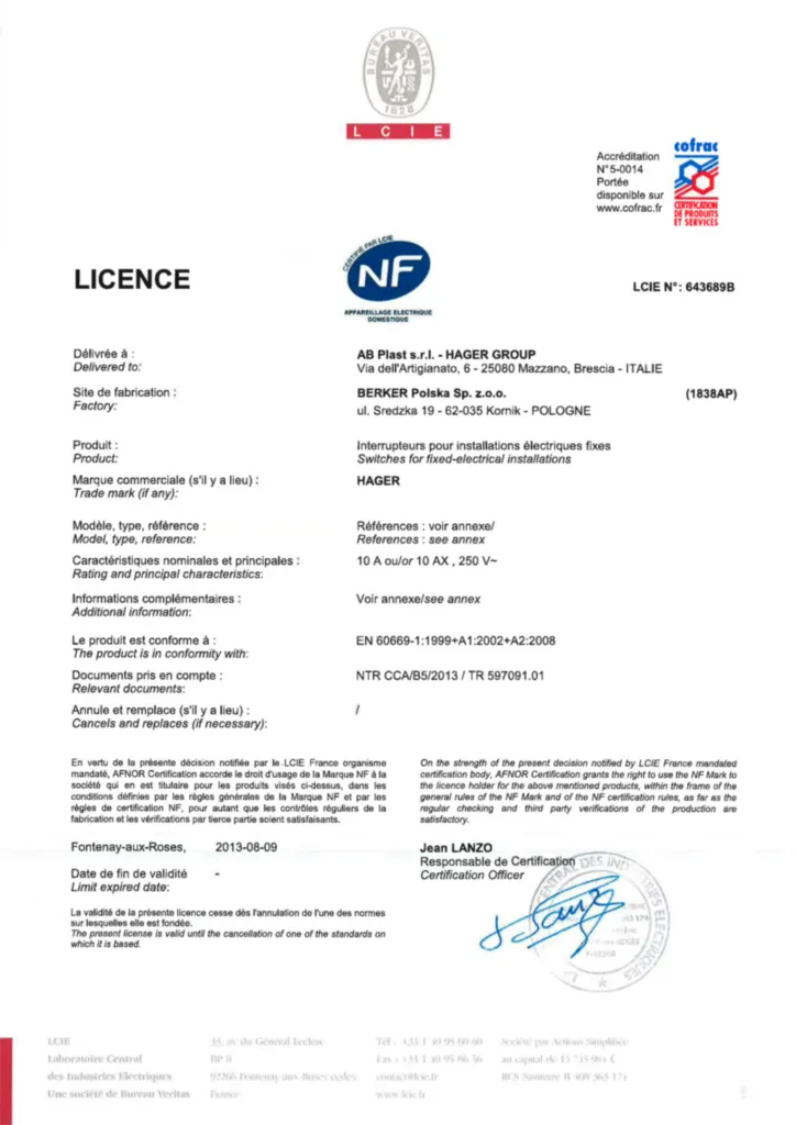 Εικόνα Product licence en-GB, fr-FR 2013-08-09 | Hager