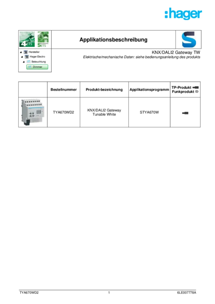Image Descriptif d'application ETS du TYA670WD2 | Hager Suisse