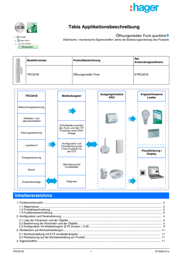 Bild Applikationsbeschreibung ETS für TRC301B - Funk Fensterkontakt quicklink (DE, Vers. 6T8084-01a) | Hager Deutschland