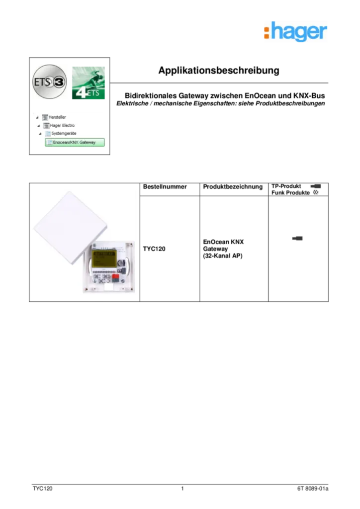 Bild Applikationsbeschreibung ETS für TYC120 - EnOcean Funk KNX - Gateway (DE, Vers. 6T 8089-01a) | Hager Schweiz