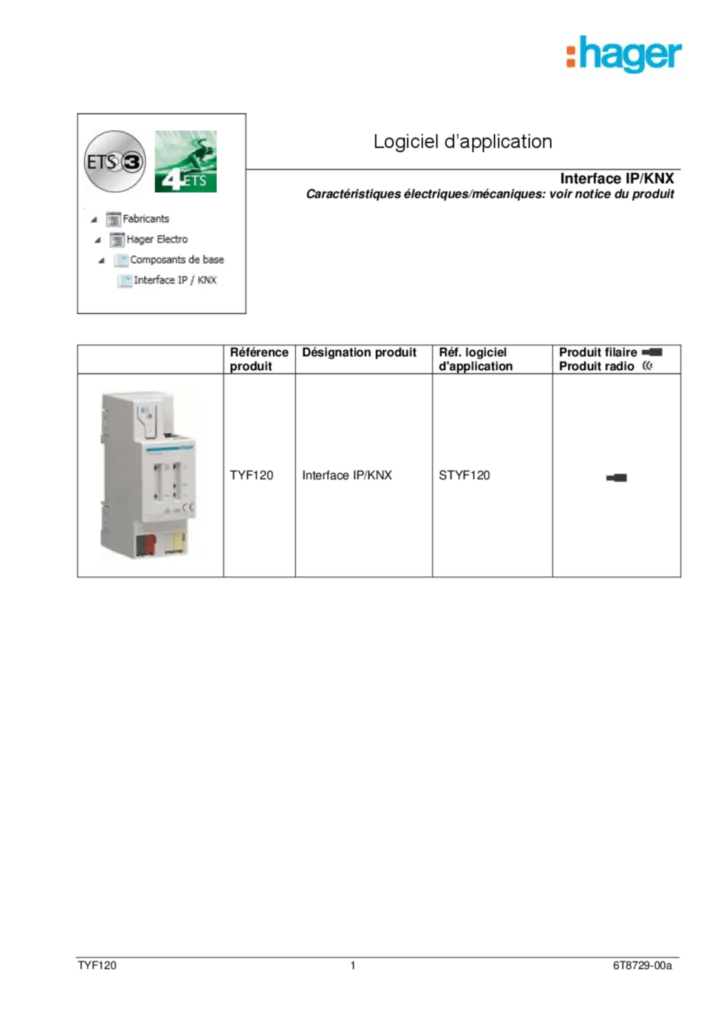 Image Descriptif d'application ETS du TYF120 | Hager France