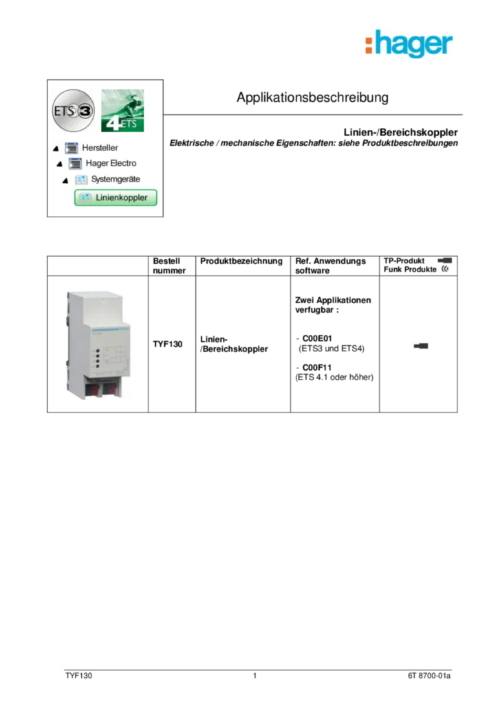 Bild Applikationsbeschreibung ETS für TYF130 - Linien-/Bereichskoppler KNX (DE, Vers. 6T 8700-01a) | Hager Deutschland