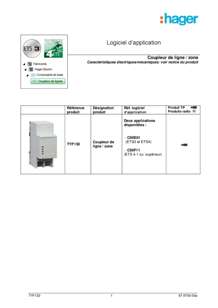 Image Description d'application ETS TYF130 | Hager Belgique