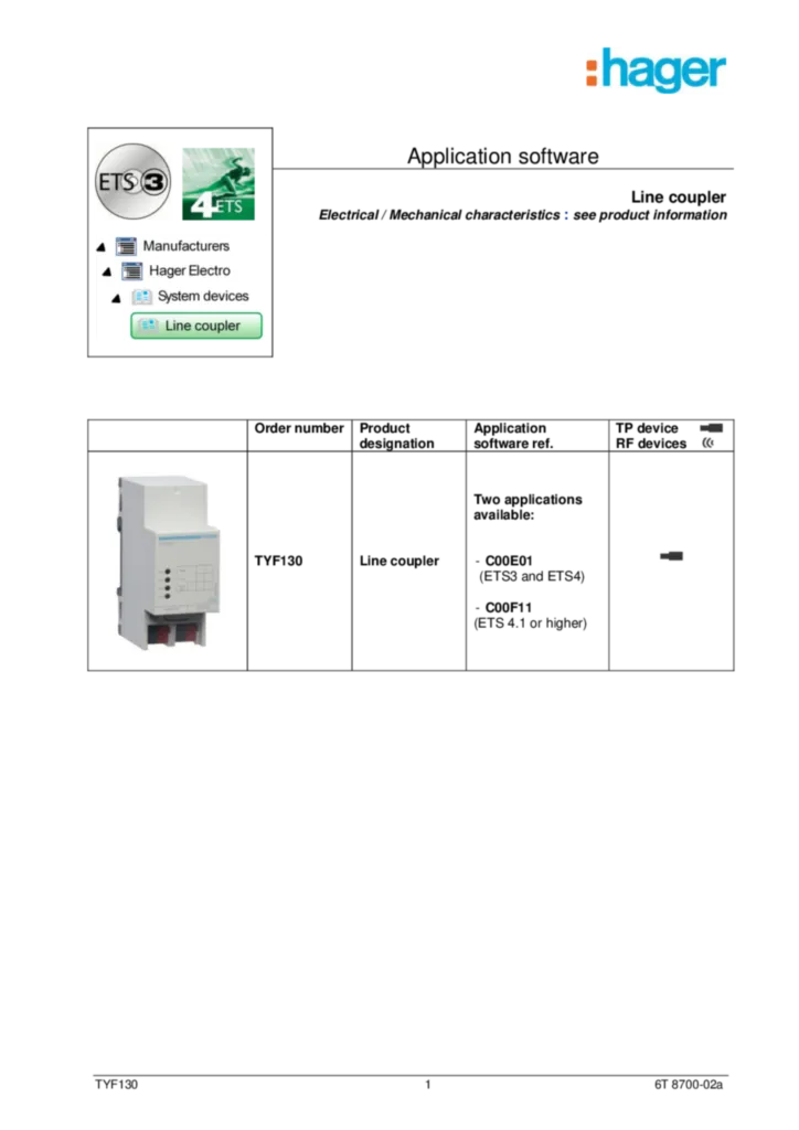 Image Description d'application ETS TYF130 | Hager Belgique