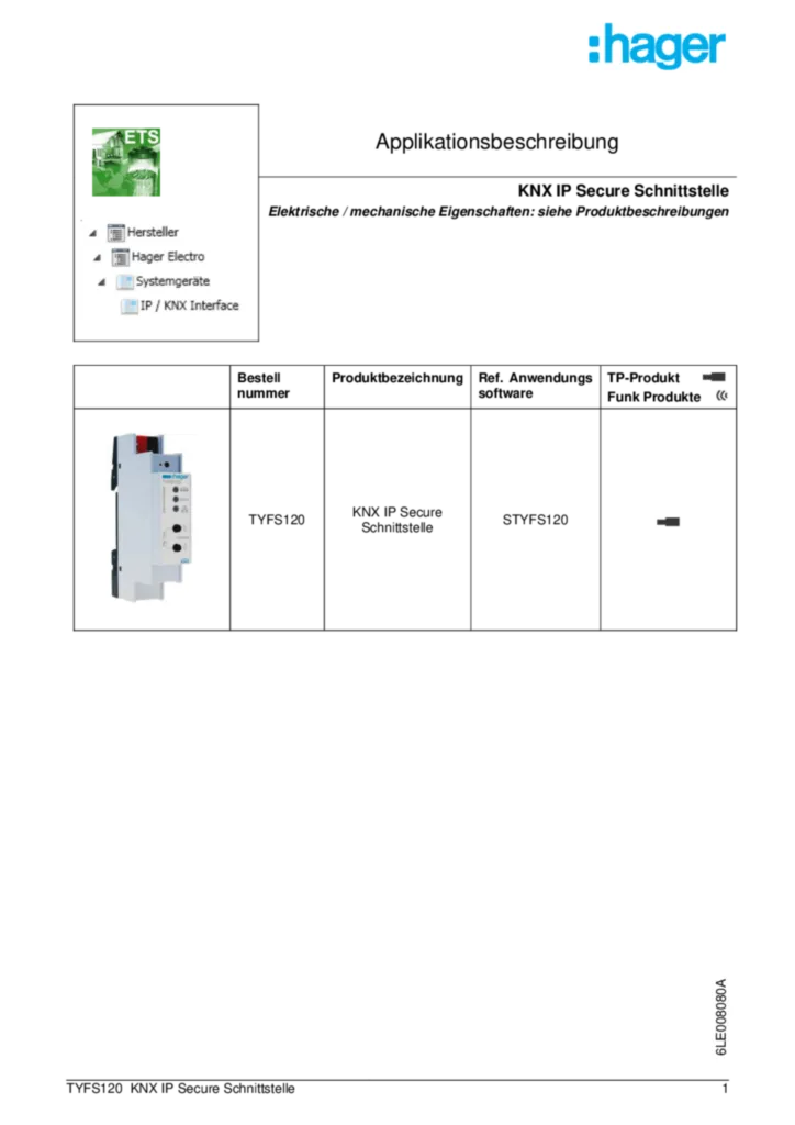 Bild ETS-Easy Applikationsbeschreibung für TYFS120 | Hager Schweiz