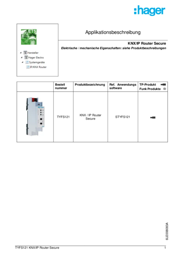 Bild ETS-Easy Applikationsbeschreibung für TYFS121 | Hager Schweiz