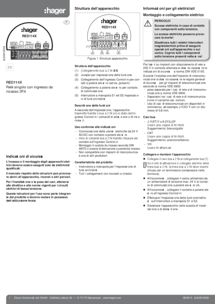 Bild Bedienungs- und Montageanleitung für RED114X - Schaltrelais 1fach mit Eingang UP 2Draht (IT 2015-08) | Hager Schweiz