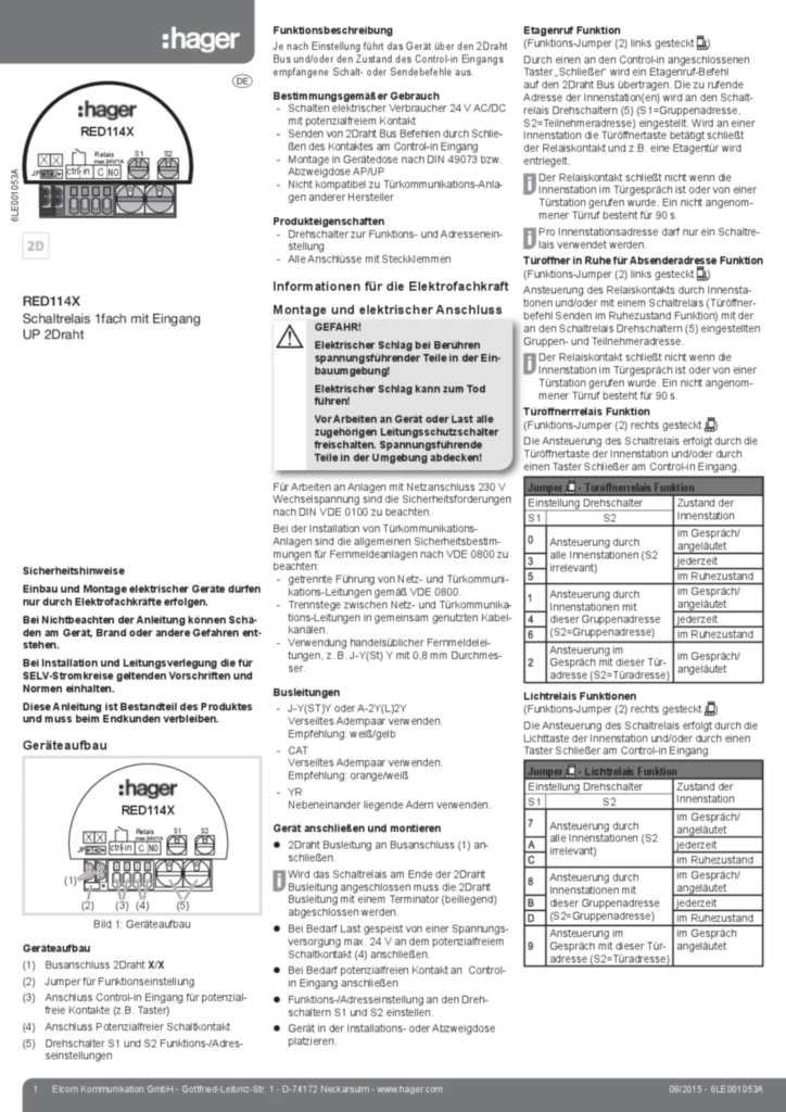 Bild Bedienungs- und Montageanleitung für RED114X - Schaltrelais 1fach mit Eingang UP 2Draht (DE, Stand: 08.2015) | Hager Schweiz