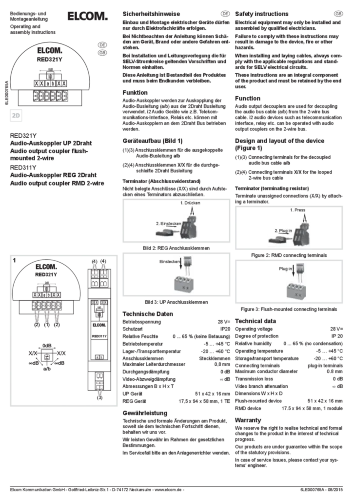 Bild Bedienungs- und Montageanleitung für RED311Y, RED321Y - Audio-Auskoppler UP/REG (DE-EN, Stand: 08.2015) | Hager Deutschland