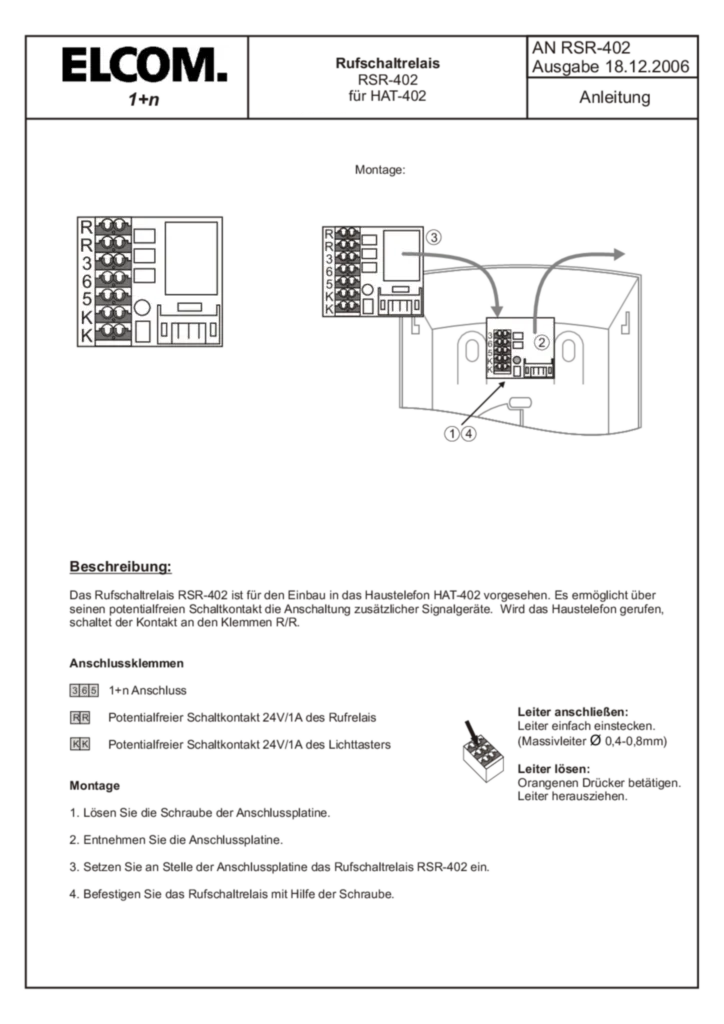 Bild Bedienungs- und Montageanleitung für 1400040 - RSR-402 Rufrelais für HAT-402 EB (DE, Stand: 12.2006) | Hager Deutschland