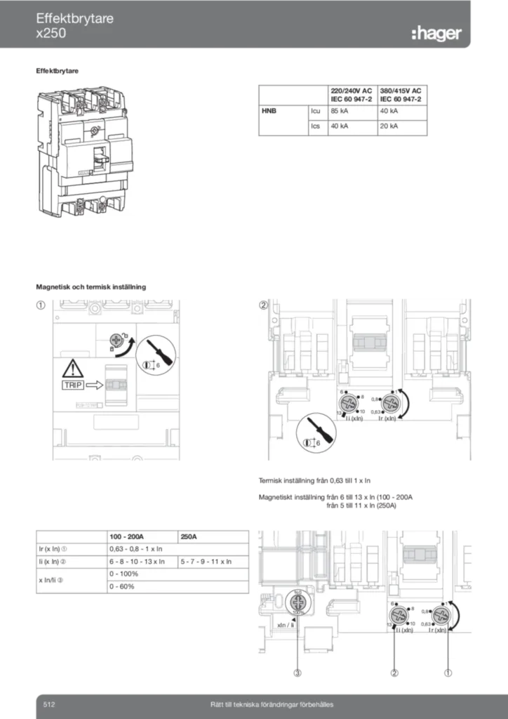 Bild Tekniska sidor effektbrytare x250 | Hager Sverige