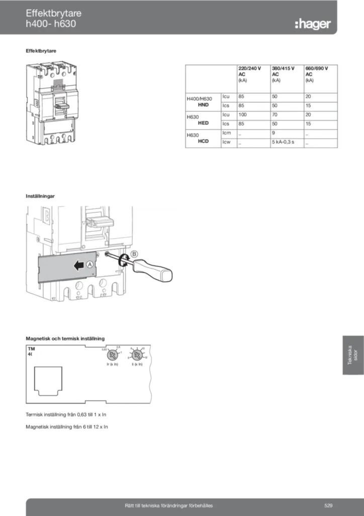 Bild Tekniska sidor effektbrytare h630 | Hager Sverige