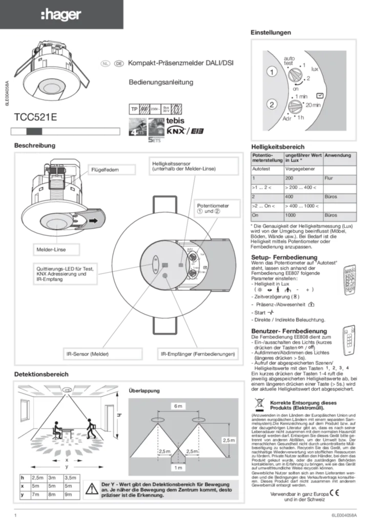Bild Bedienungsanleitung für TCC521E - Präsenzmelder KNX mit DALI Ausgang und Konstantlichtregelung (DE-NL, Stand: 07.2017) | Hager Deutschland