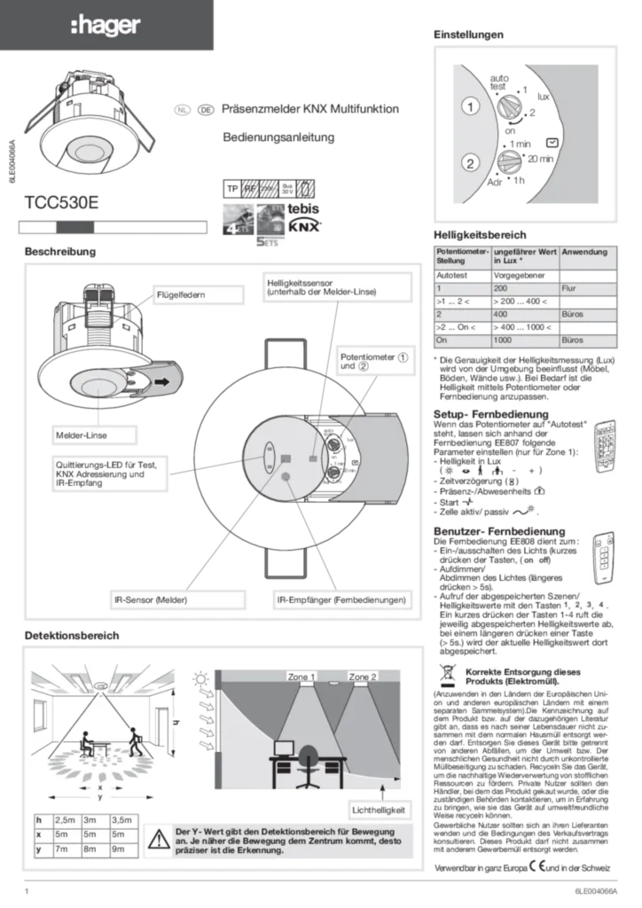 Bild Bedienungsanleitung für TCC530E - Präsenzmelder KNX, Multikanal zur 2-Zonen-Konstantlichtregelung (DE-NL, Stand: 07.2017) | Hager Deutschland