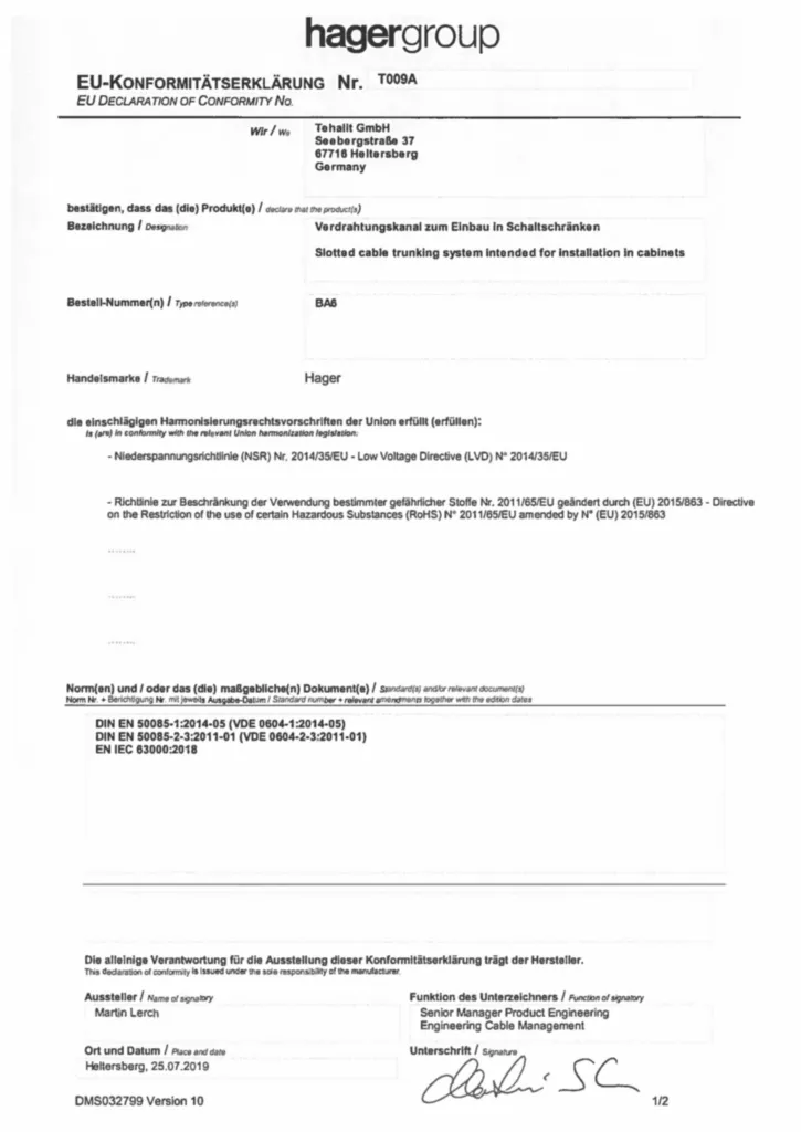 Bild CE-Konformitätserklärung für BA6xx, B150xx, B200xx, B300xx, B400xx, B401xx, B600xx, B601xx, B602xx, B800xx, B801xx - Verdrahtungskanal, Zubehör (DE-EN, Stand: 07.2019) | Hager Schweiz