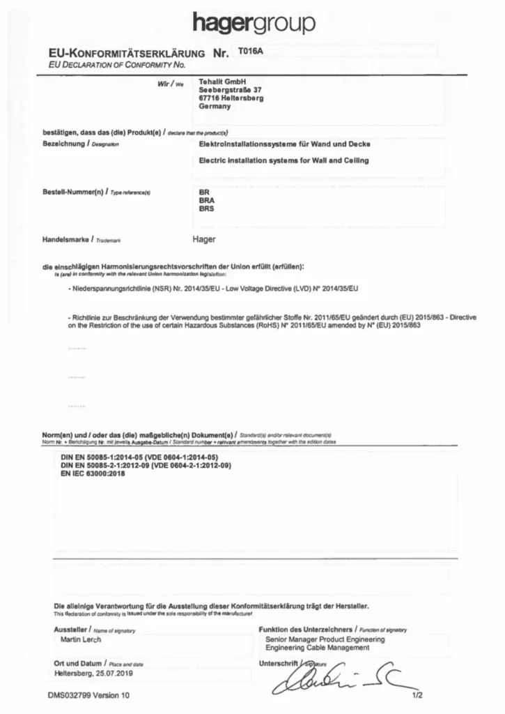 Bild CE-Konformitätserklärung für BRxx, BRAxx, BRSxx - Elektroinstallationssysteme für Wand und Decke (DE-EN, Stand: 07.2019) | Hager Deutschland