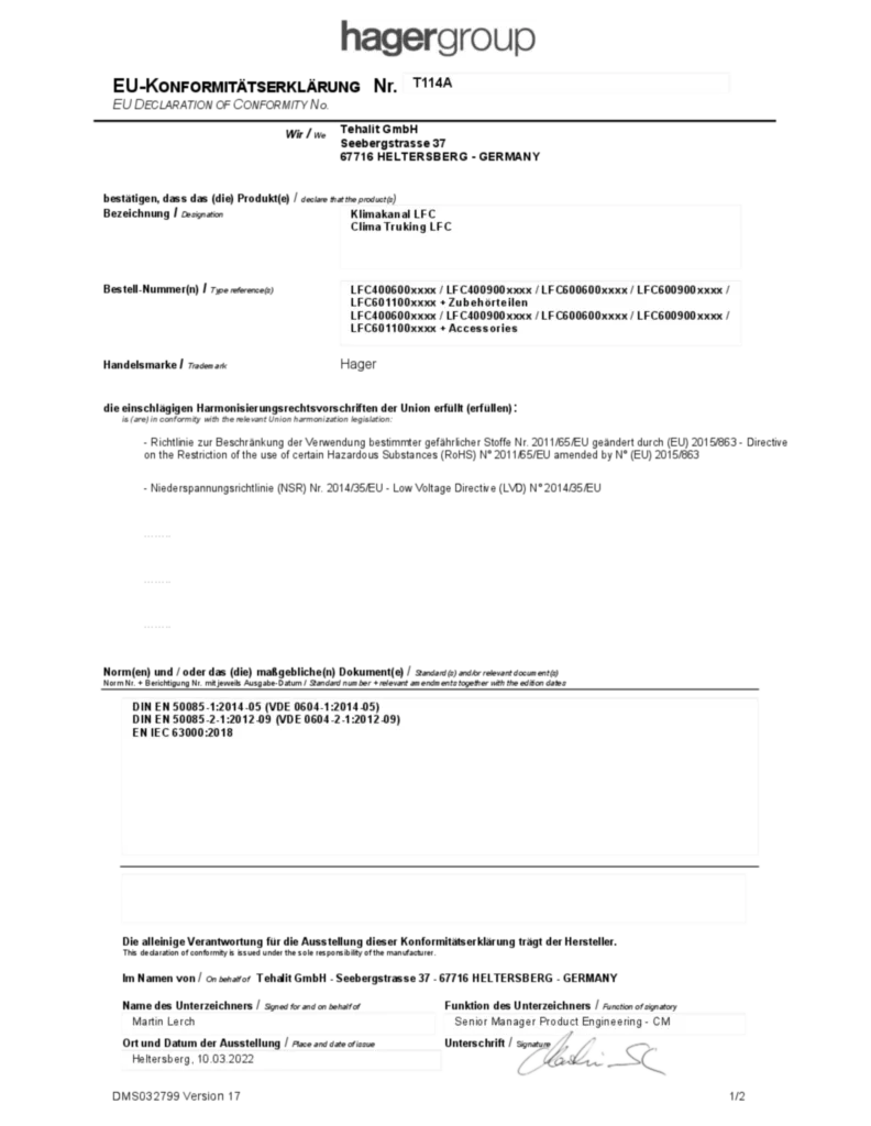Bild CE-Konformitätserklärung für LFC Klima ( DE, EN, Stand 03/2022) | Hager Deutschland