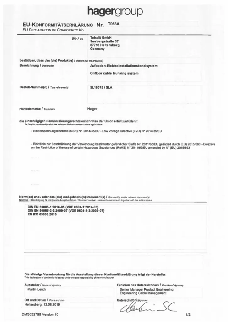 Bild CE-Konformitätserklärung für SL18075, SLAxx - Aufboden-Elektroinstallationskanalsystem (DE-EN, Stand: 08.2019) | Hager Schweiz