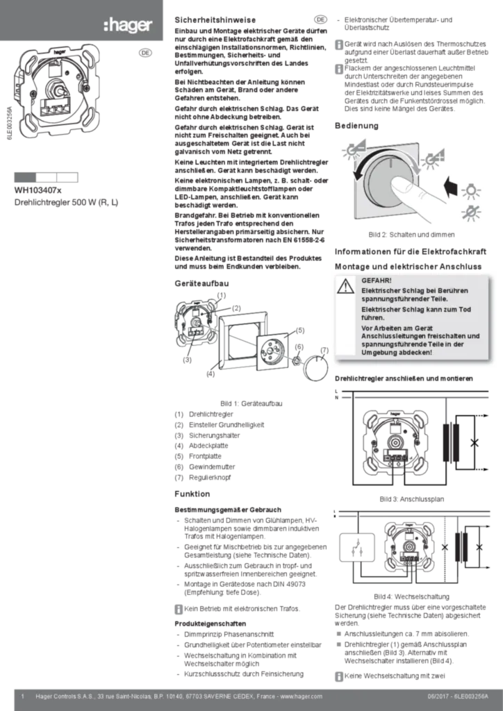 Image Notice d'instruction pour WH103407x - Régulateur rotatif 500 W (D, G) (DE, 2017-06) | Hager Suisse