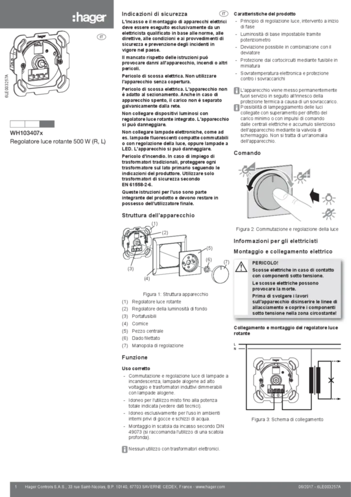 Image Notice d'instruction pour WH103407x - Régulateur rotatif 500 W (D, G) (IT, 2017-06) | Hager Suisse