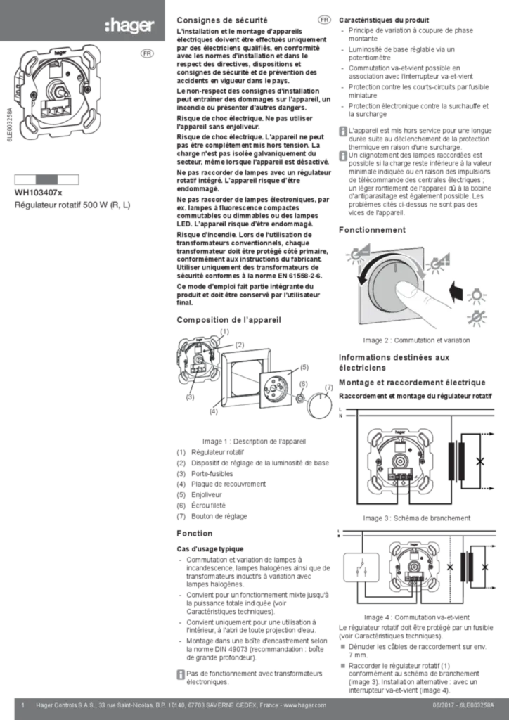 Image Notice d'instruction pour WH103407x - Régulateur rotatif 500 W (D, G) (FR, 2017-06) | Hager Suisse