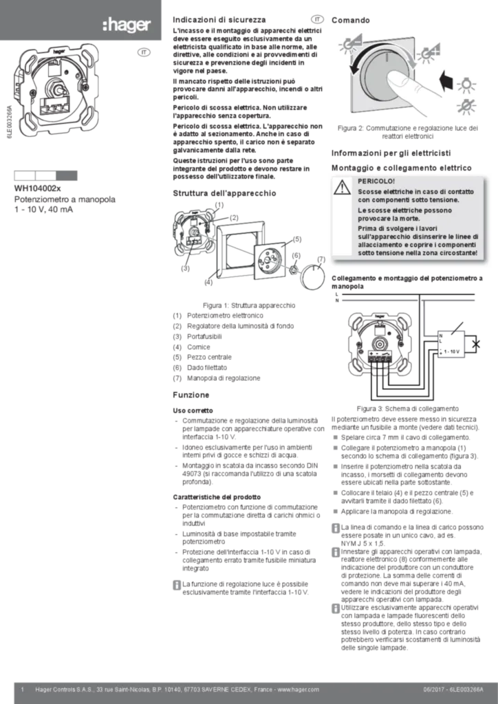 Image Notice d'instruction pour WH104002x - Potentiomètre rotatif 1 - 10 V, 40 mA (IT, 2017-06) | Hager Suisse