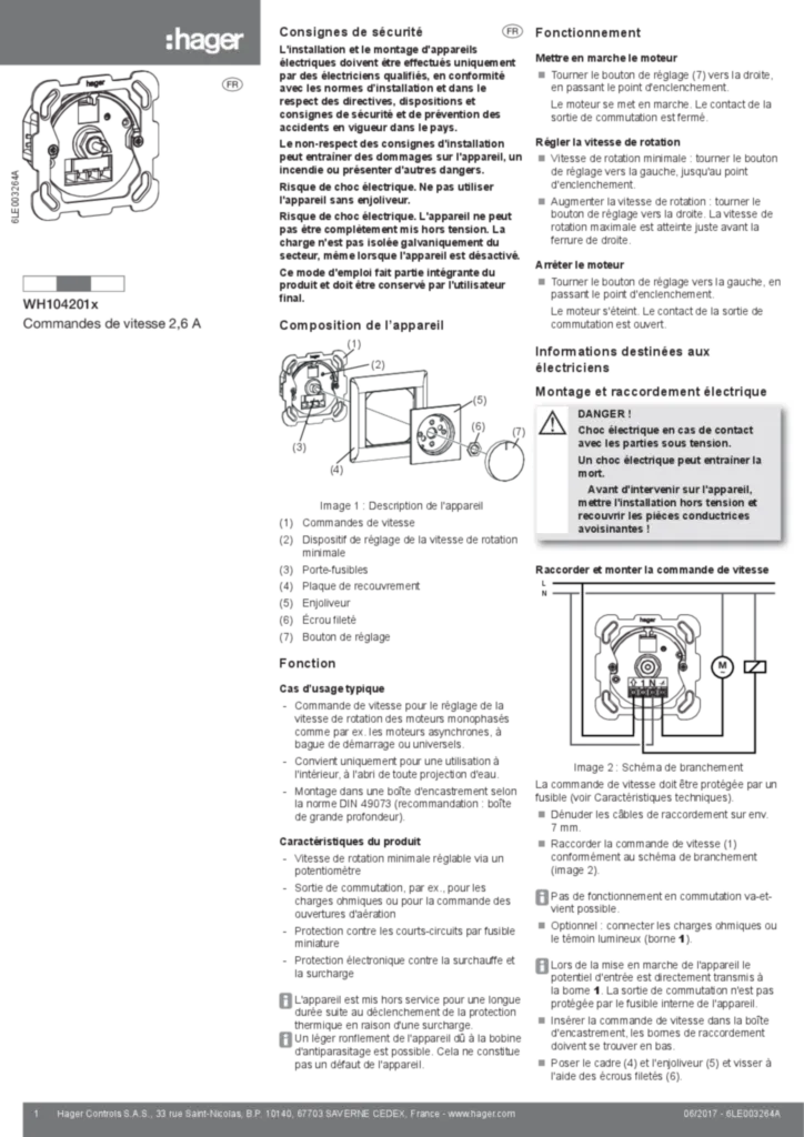 Image Notice d'instruction pour WH104201x - Commandes de vitesse 2,6 A (FR, 2017-06) | Hager Suisse