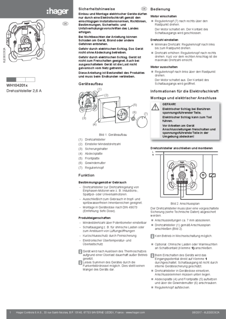 Image Notice d'instruction pour WH104201x - Commandes de vitesse 2,6 A (DE, 2017-06) | Hager Suisse