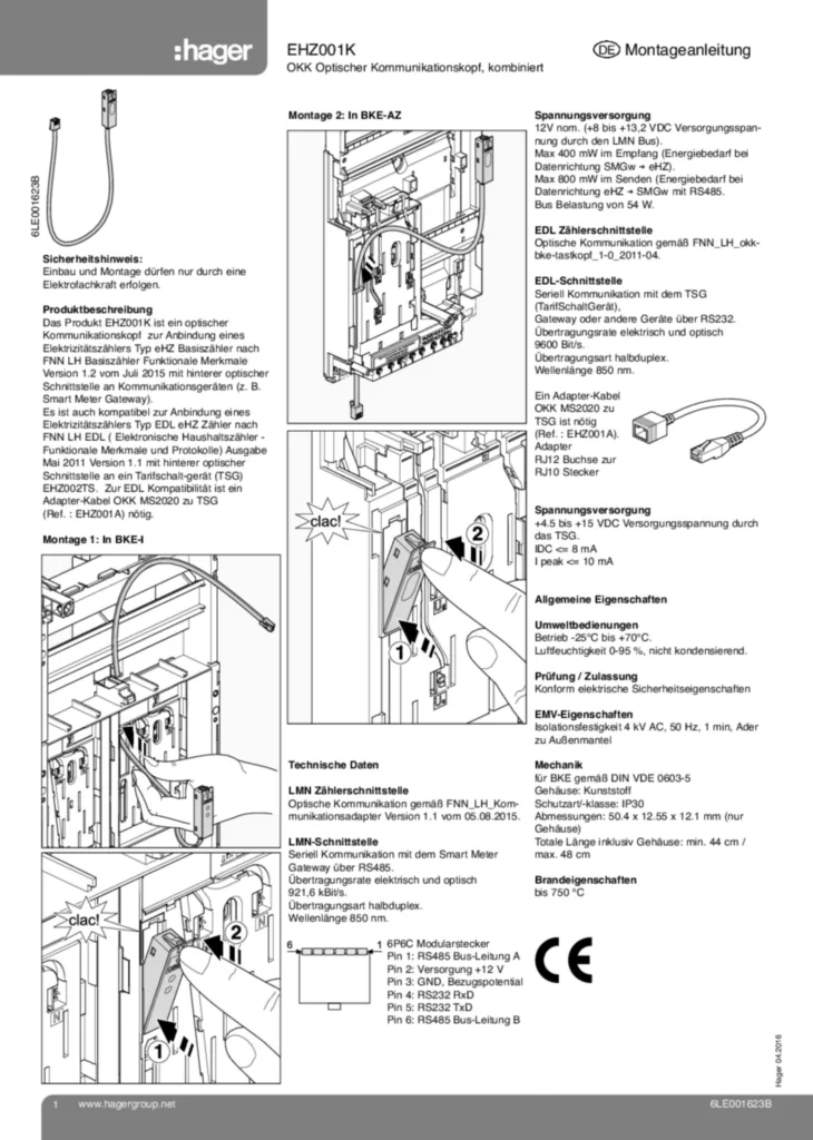 Bild Montageanleitung für EHZ001K - BKE-Datenschnittstelle (OKK), 1Mbit, Länge 450 mm, eHZ EDL-Tarifmanagement Set (DE, Stand: 04.2016) | Hager Deutschland