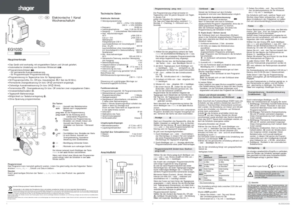 Bild Betriebsanleitung für EG103D - Wochenschaltuhr, 1 Wechsler, 16A, 2 PLE, Digital, DCF77 (DE-IT, Stand: 11.2016) | Hager Deutschland