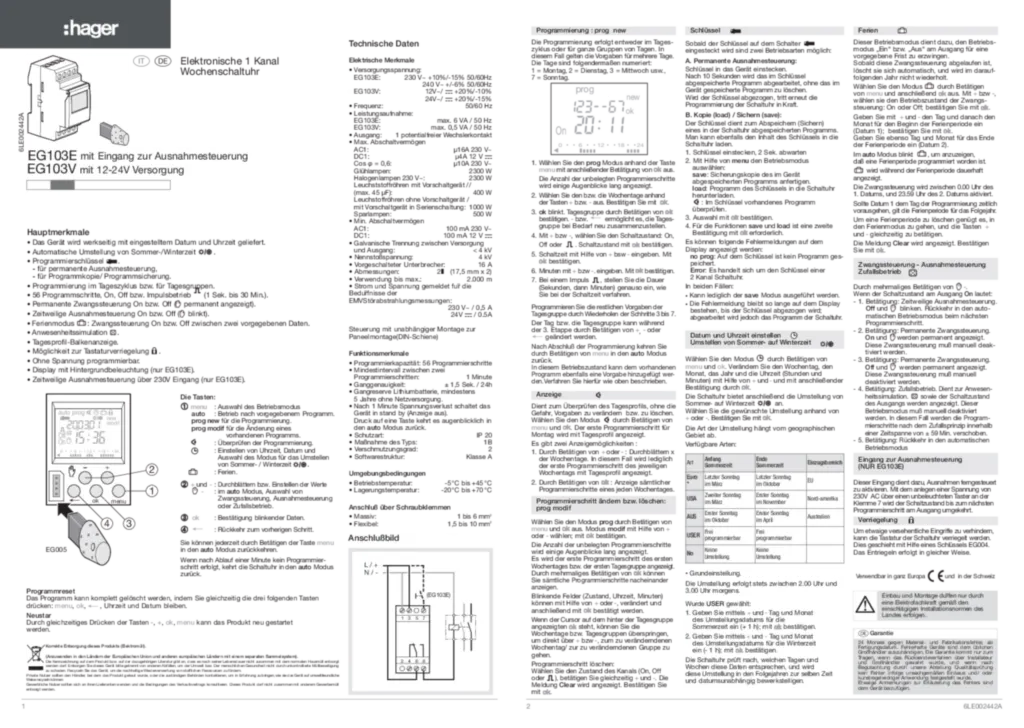 Bild Betriebsanleitung für EG103E - Wochen-Zeitschaltuhr 1-Kanal, 2 TE, Komfort, REG (DE-IT, Stand: 11.2016) | Hager Deutschland