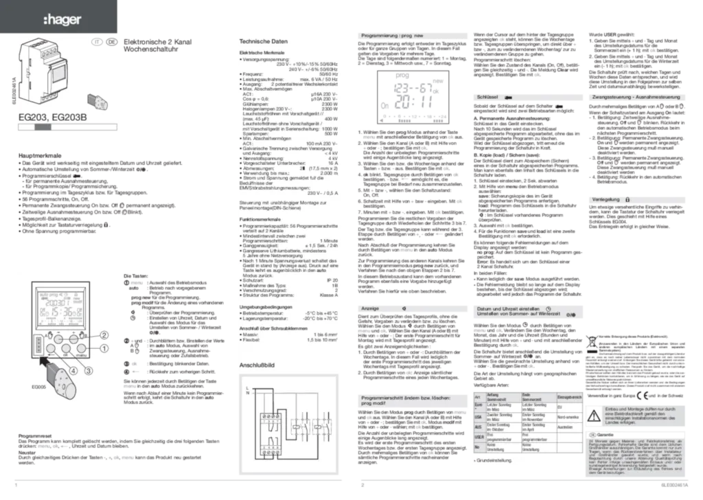 Bild Betriebsanleitung für EG203 - Wochenschaltuhr, 2 Wechsler, 16A, 2 PLE, Digital (DE-IT, Stand: 11.2016) | Hager Deutschland