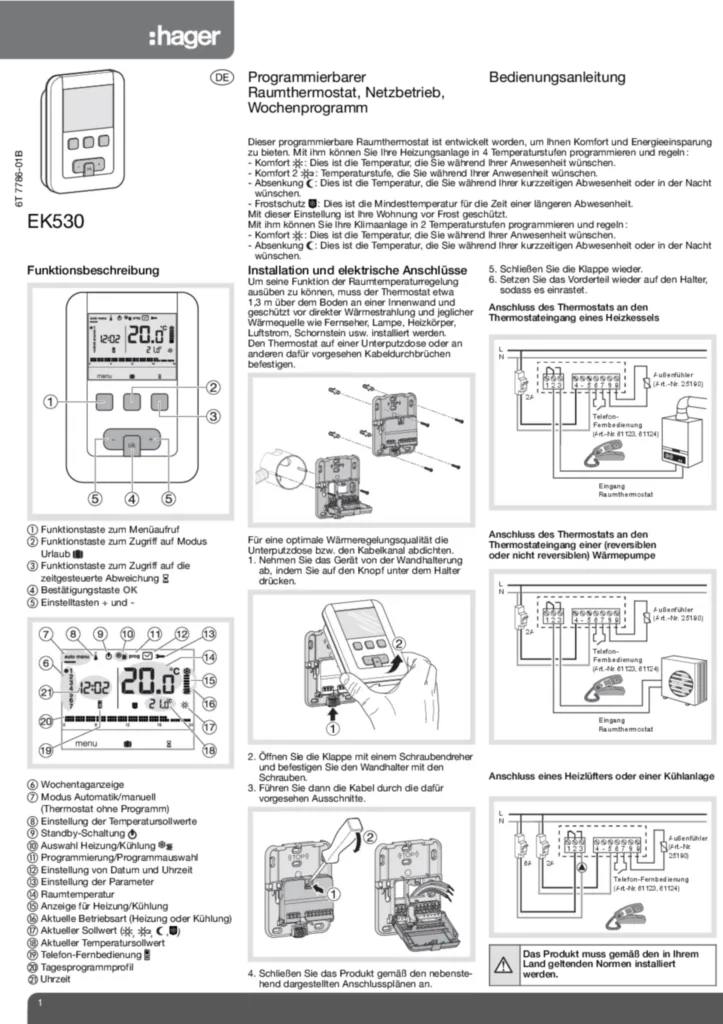 Bild Bedienungsanleitung für EK530 - Uhrenthzermostat 230V, Wochenzyklus (DE, Stand: 06.2012) | Hager Deutschland